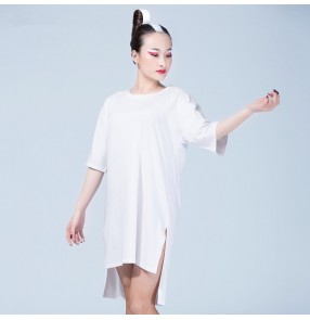 White colored women's ladies female short sleeves loose gymnastics competition professional performance dance tops dresses